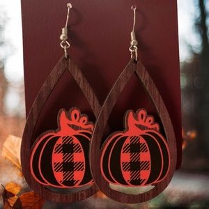 Plaid Pumpkin Wooden Drop Earrings